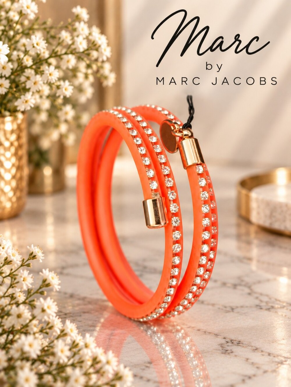 Marc Jacobs Orange Coral  Crystal-Accented Wrap Bracelet NWT